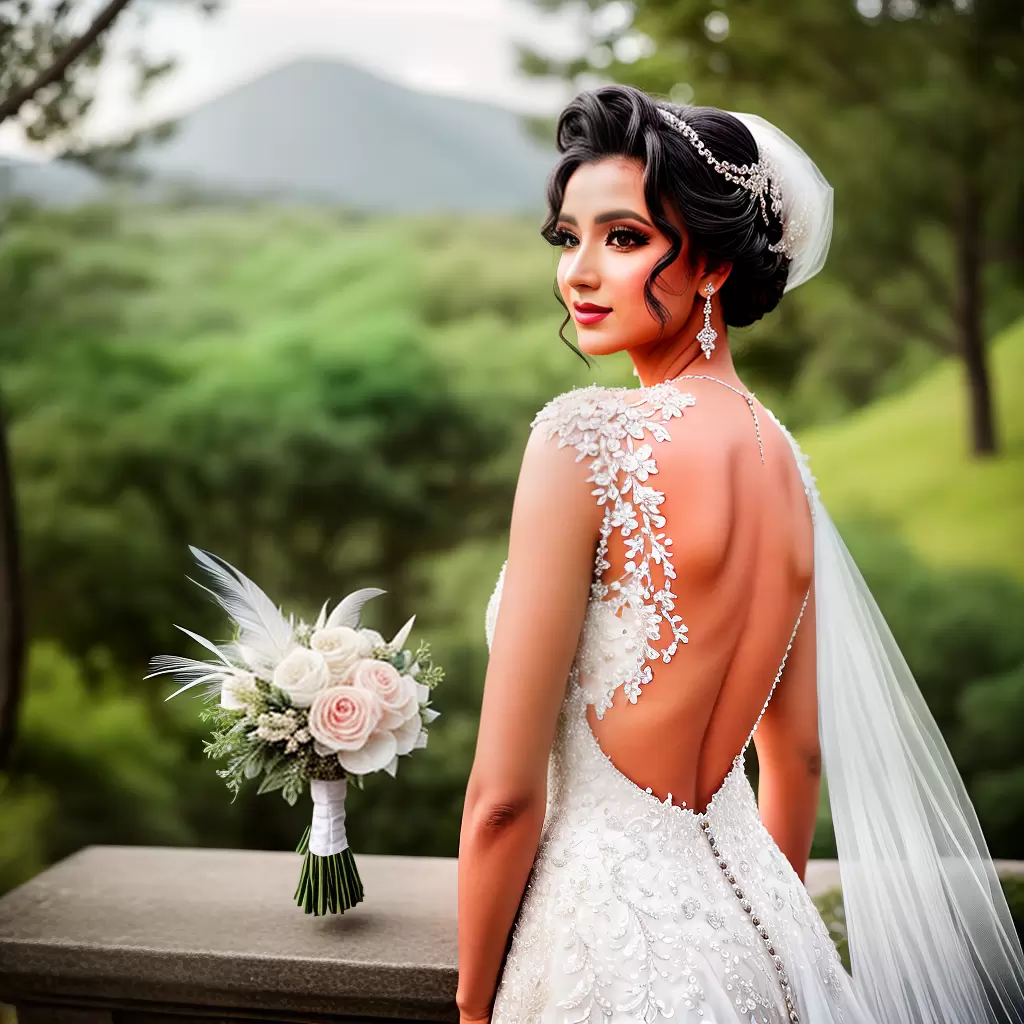 Fotos noiva plumas penteado classico confiante