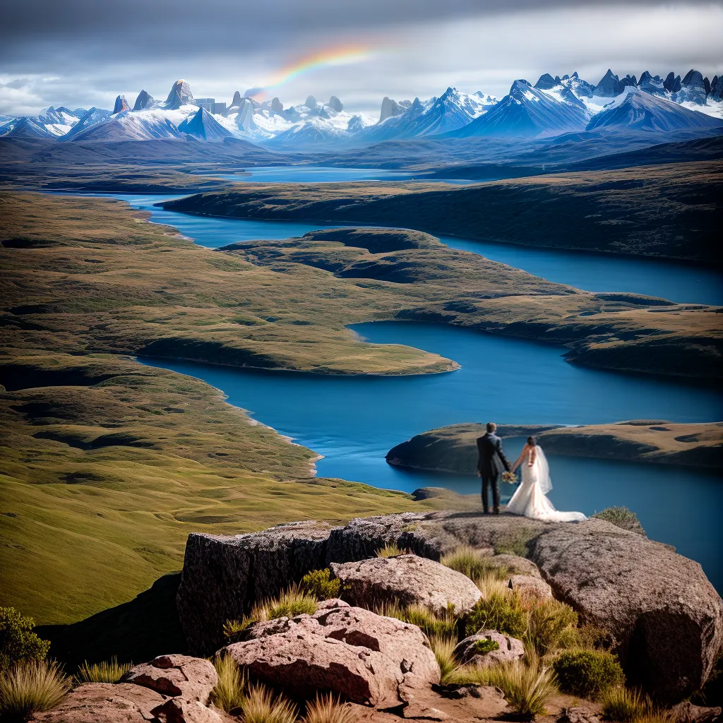 casal patagonia montanhas lago arcoiris