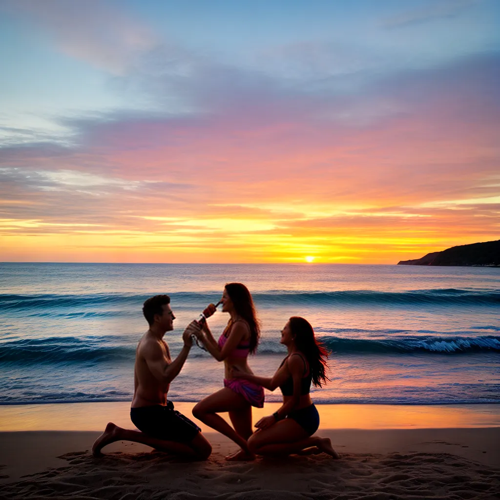 por do sol praia casal surpresa