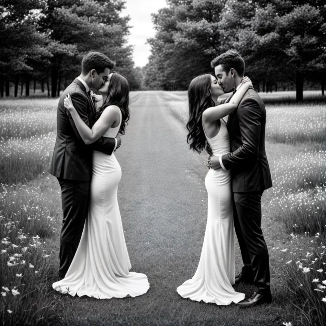 casal recem casado beijo campo flores