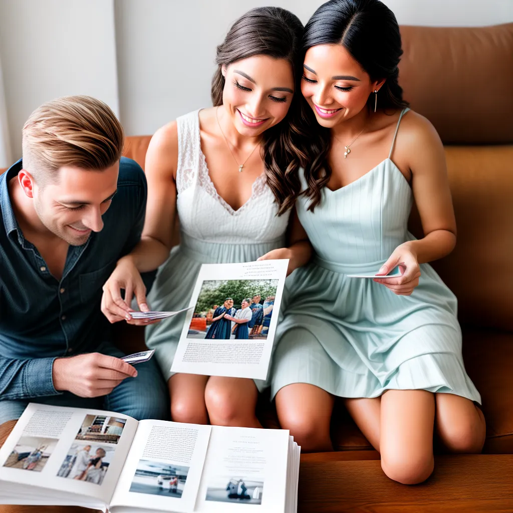Casal folheando um álbum de fotos de casamento