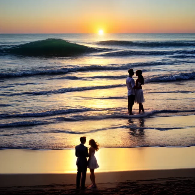 casal por do sol praia casamento