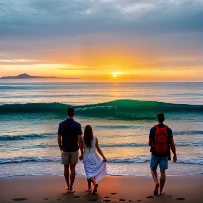 casal praia por do sol montanhas natureza