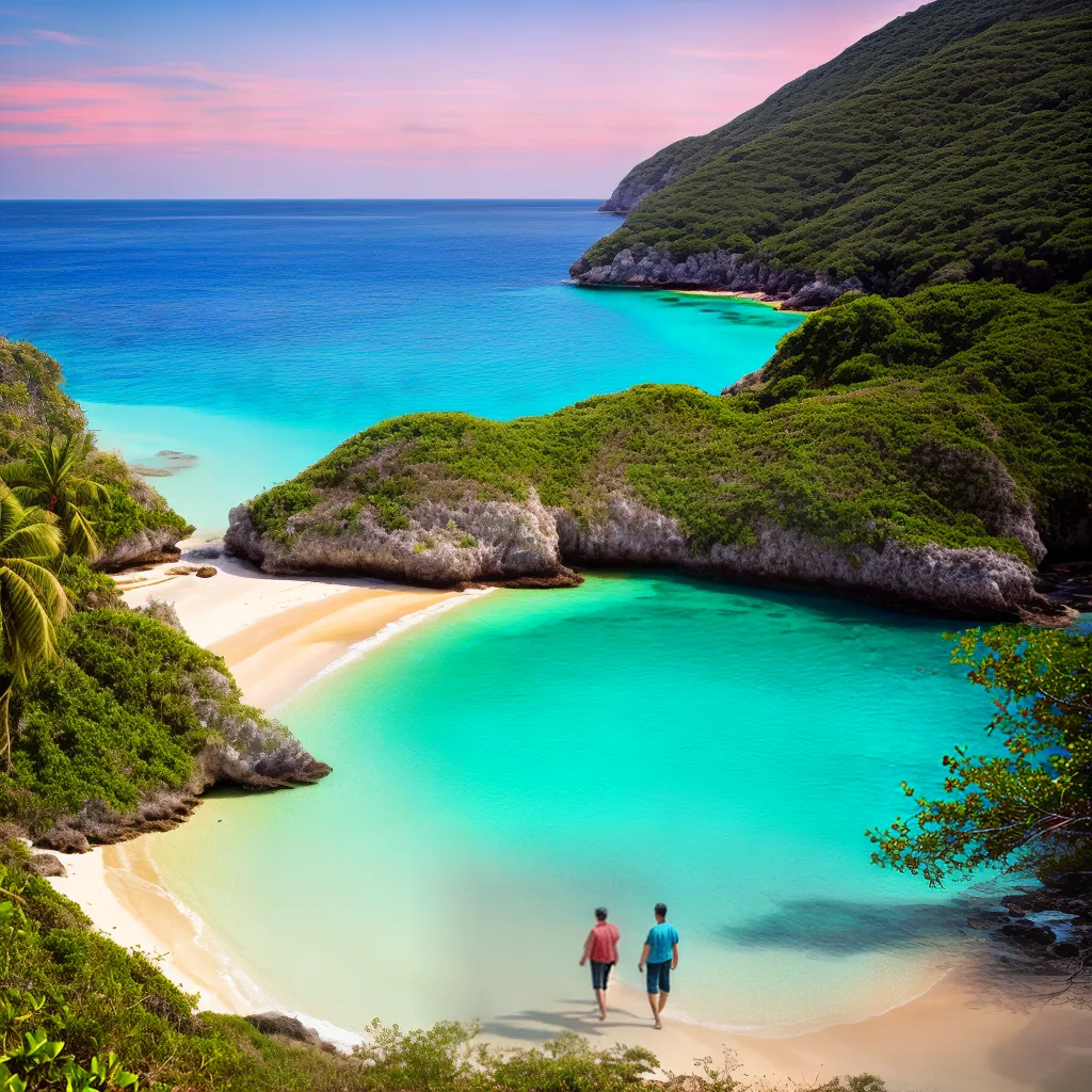 praia turquesa montanhas casal por do sol