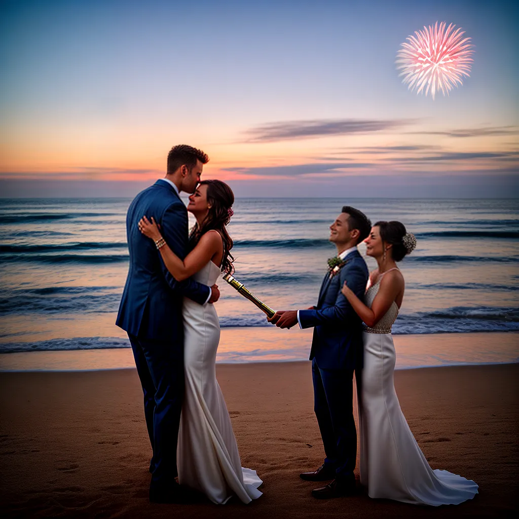 casal praia por do sol fogos amor