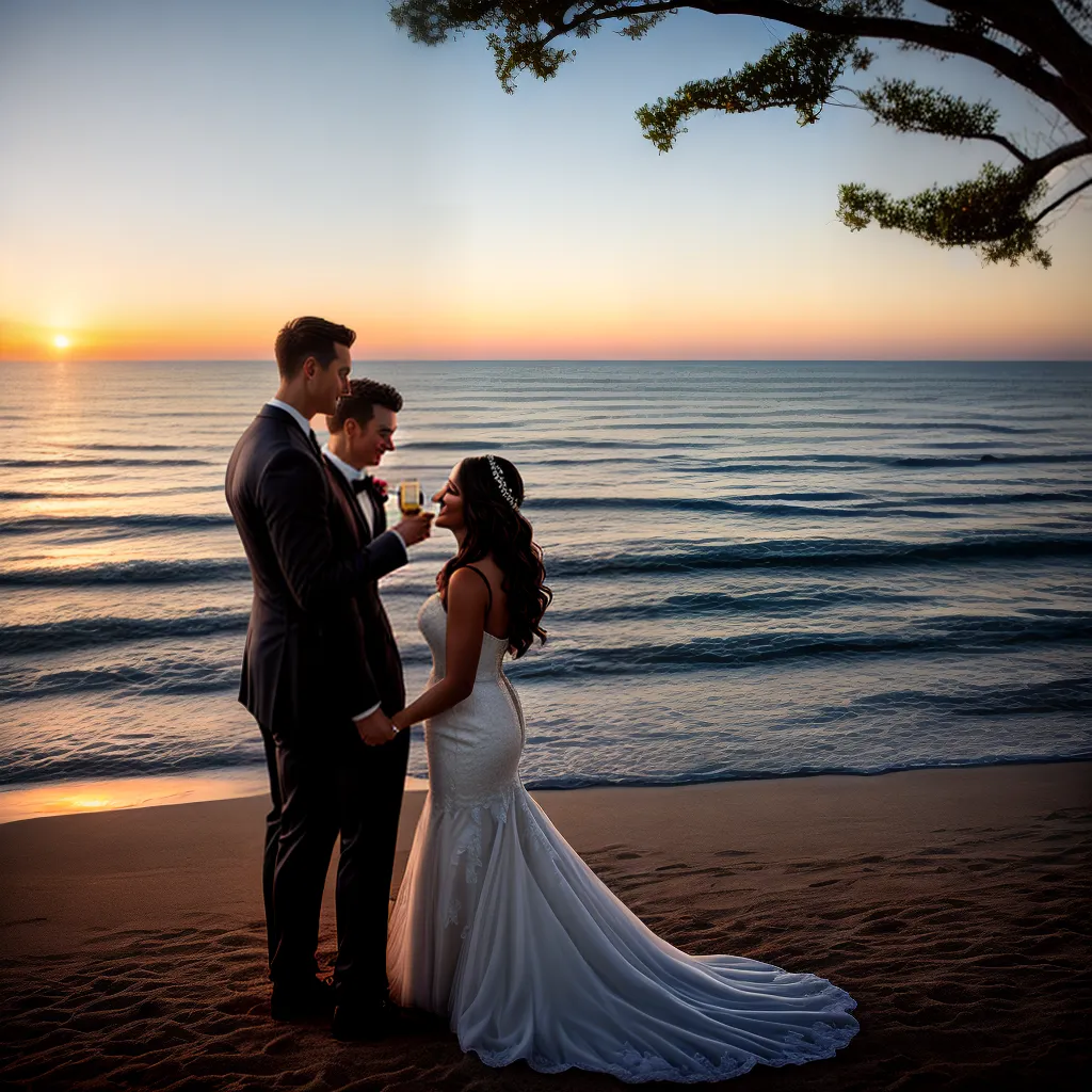 casal praia por do sol brinde casamento