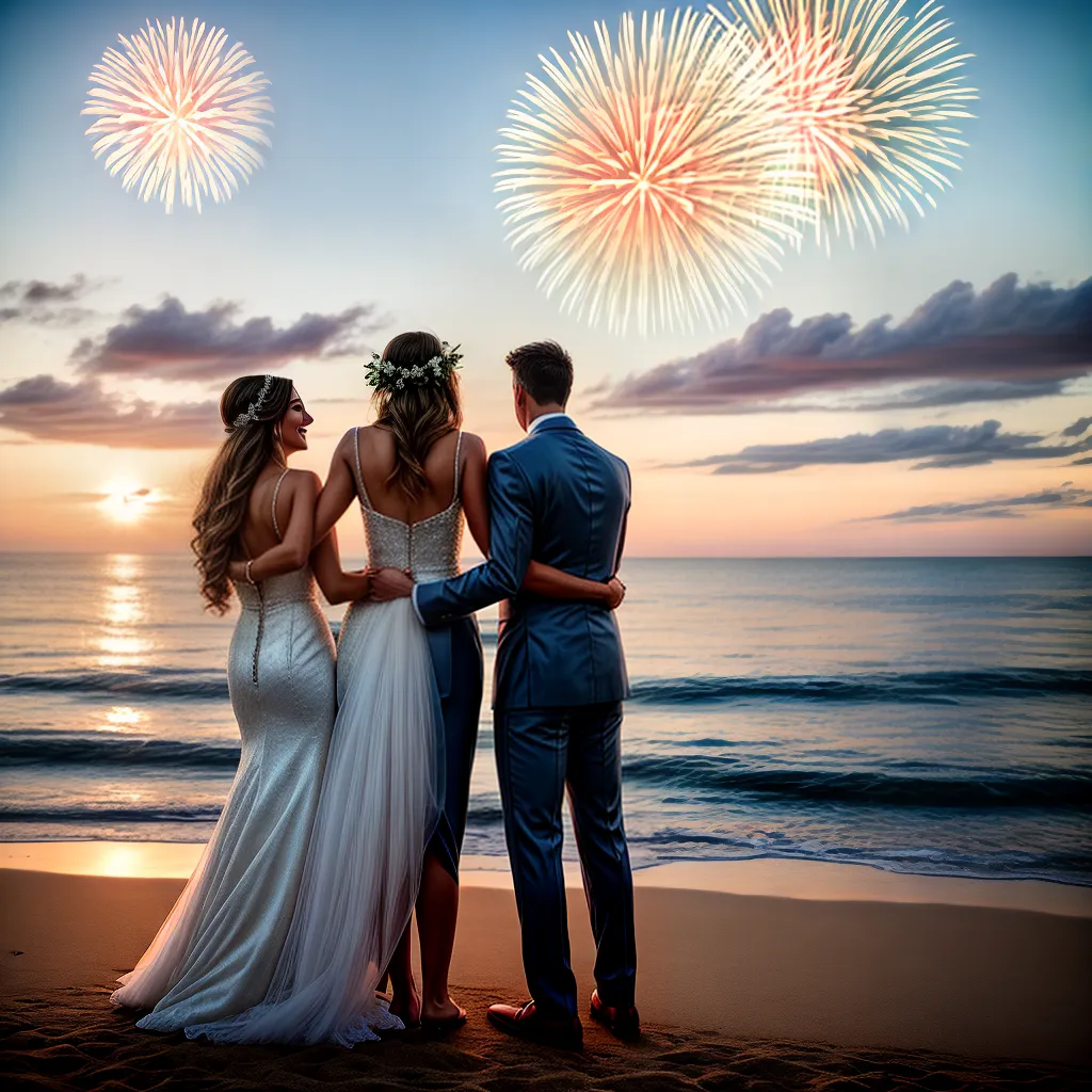 casal recem casado praia por do sol fogos