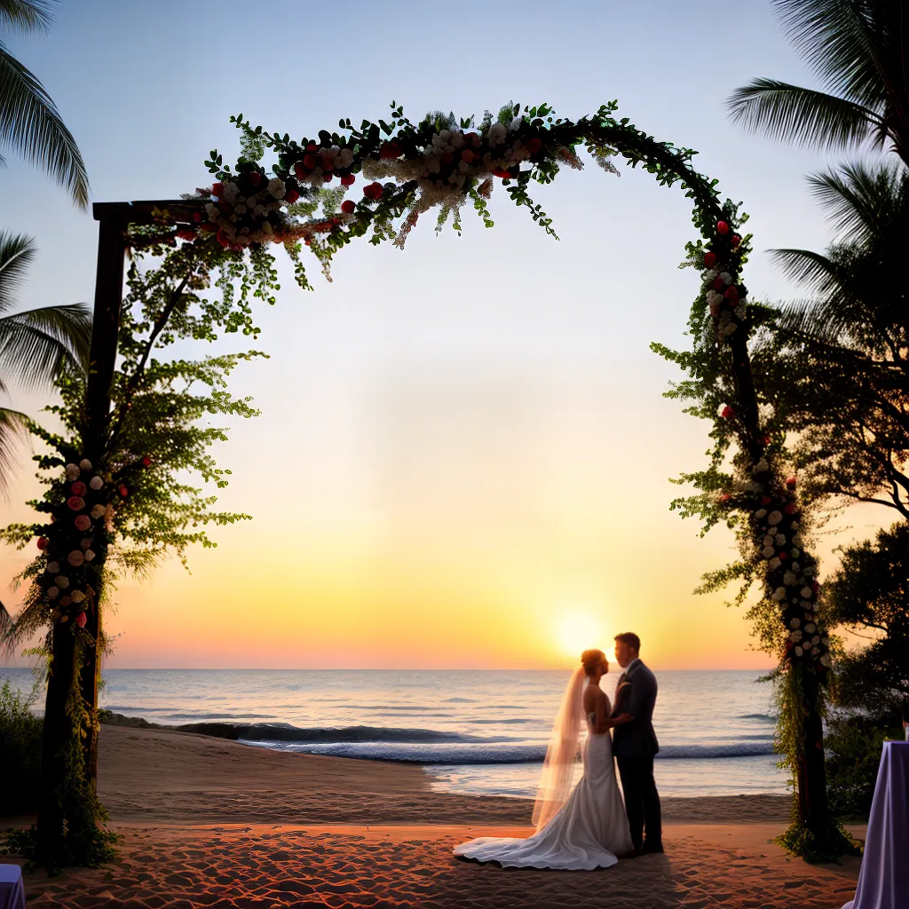 por do sol praia casal votos arco
