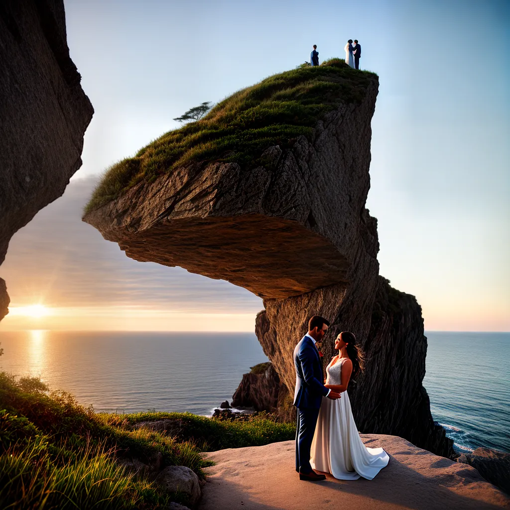 casal sorrindo cliff mar por do sol