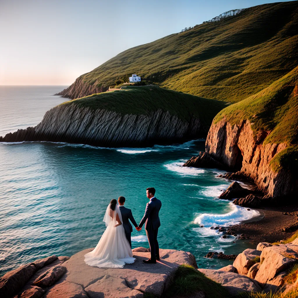 casal sorrindo cliff oceano por do sol