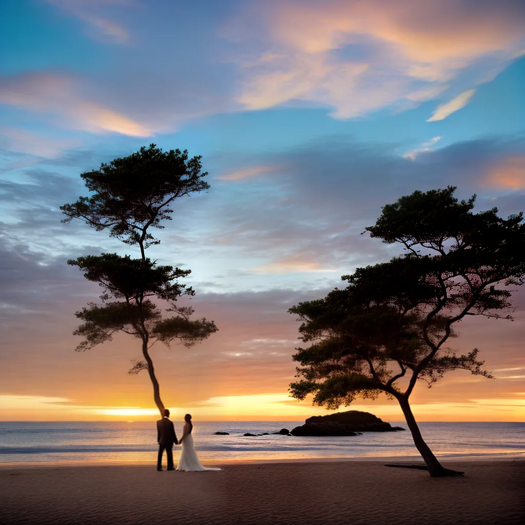 por do sol praia casal recem casados