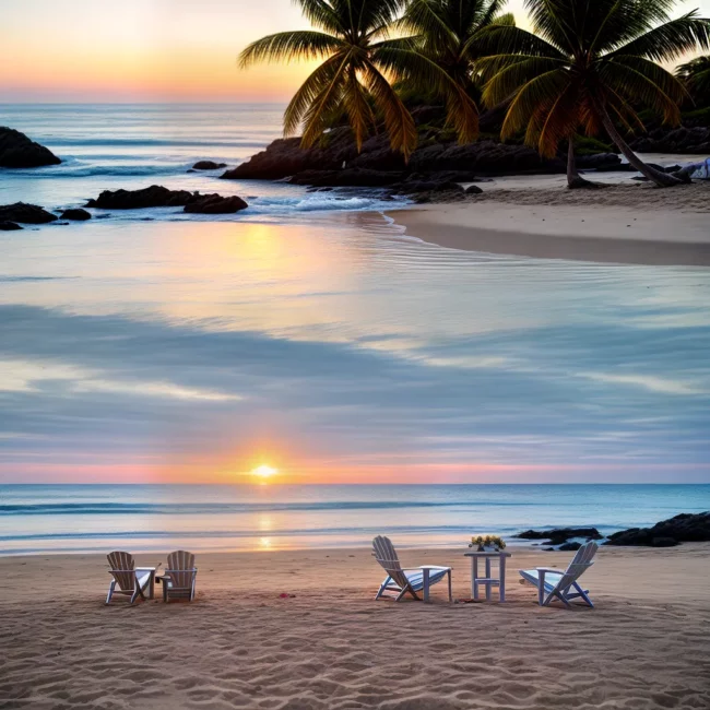 praia por do sol cadeiras lounge champagne