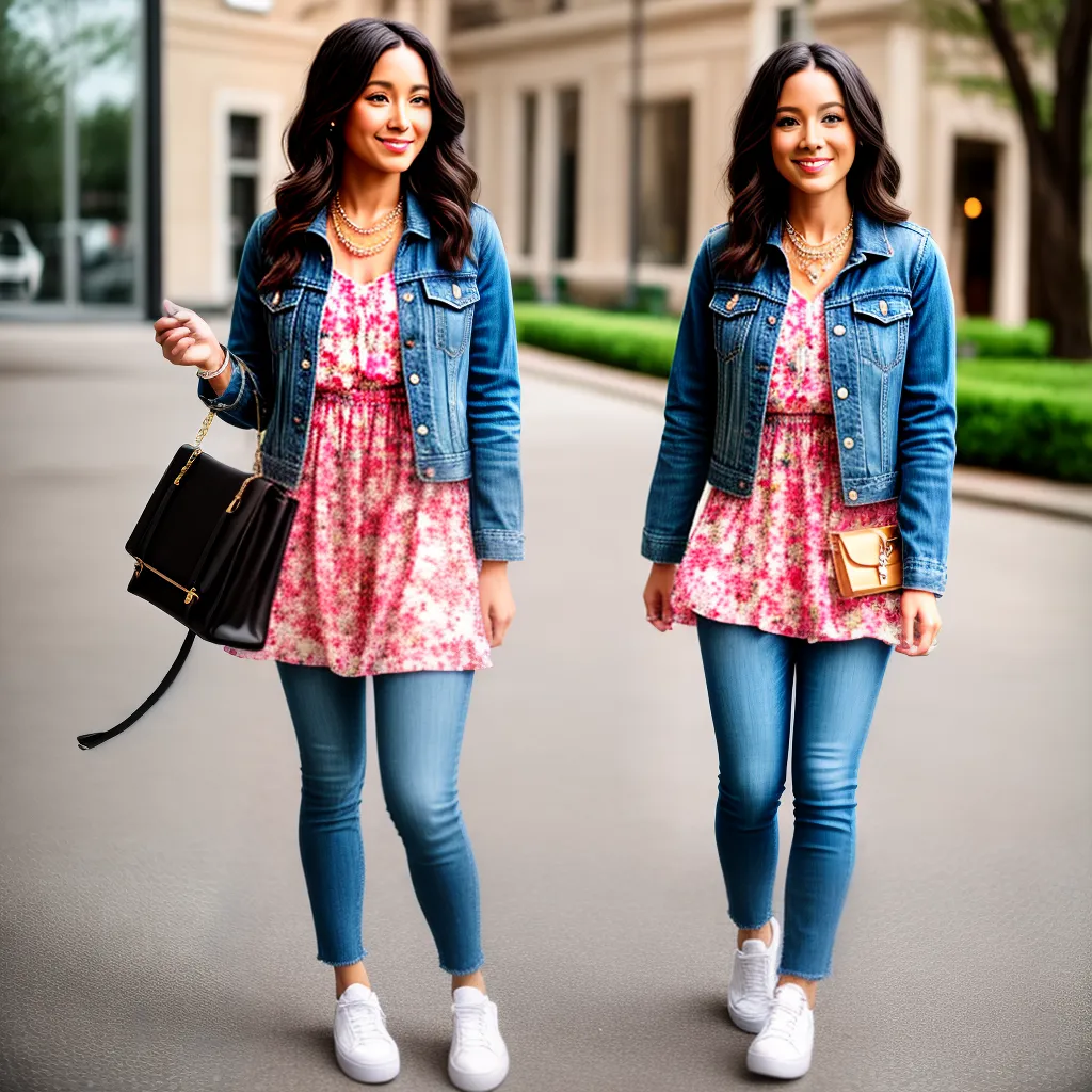 mulher vestido floral jeans tenis