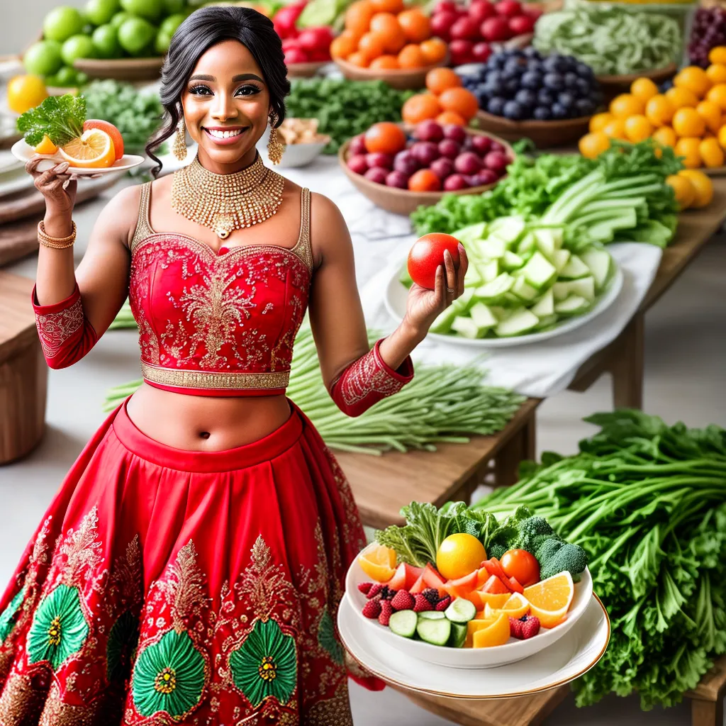 noiva sorridente prato frutas legumes