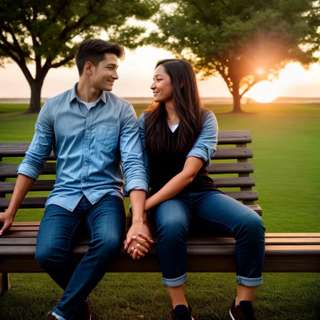 casal banco parque por do sol