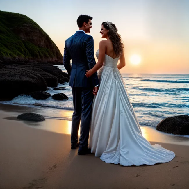 casal casamento praia por do sol