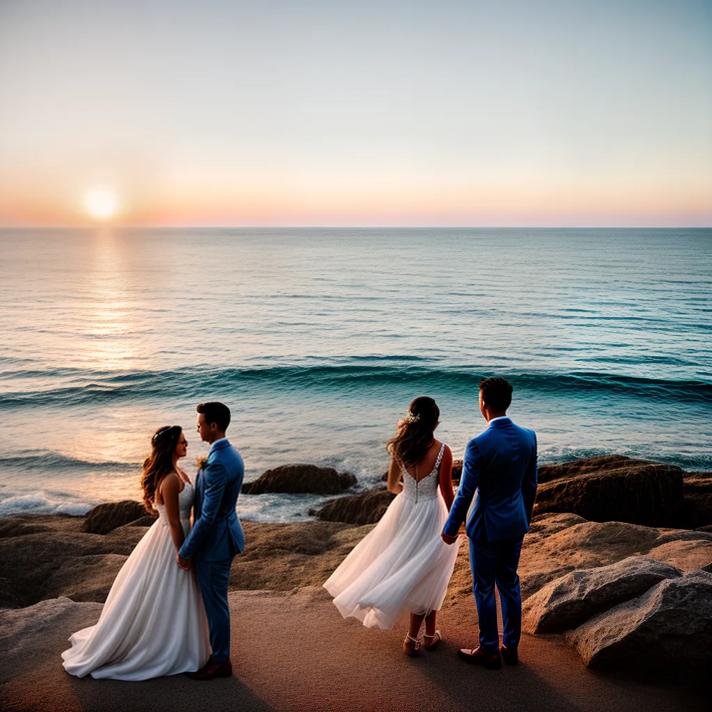 casal recem casados praia por do sol