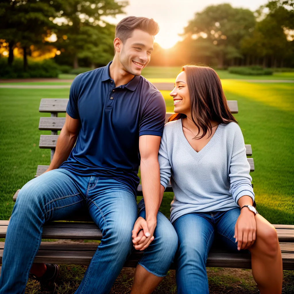 casal sorrindo banco parque por do sol 1