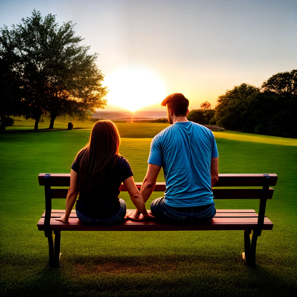 casal sorrindo banco parque por do sol 2