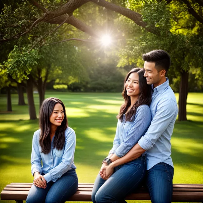casal sorrindo banco parque amor