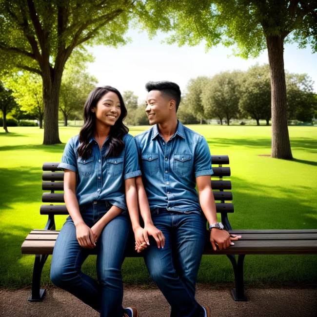 casal banco parque sorriso sol apoio