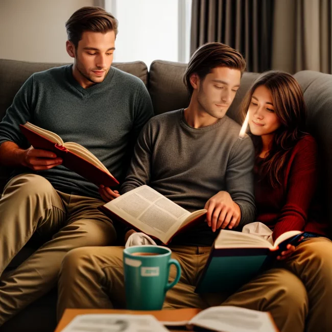 casal leitura sofa ambiente acolhedor