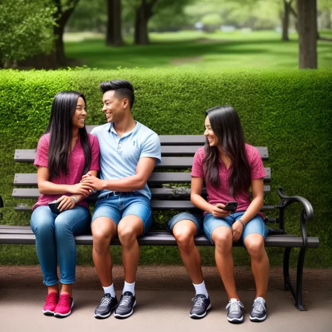 casal videochamada sorrisos banco parque