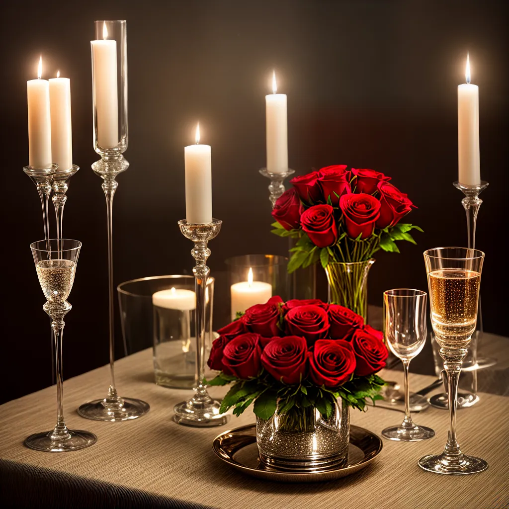 mesa romantica velas rosas champagne