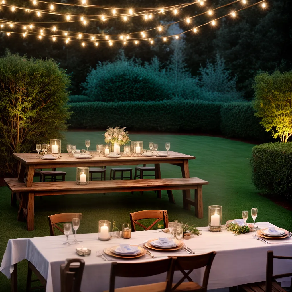 jardim luzes fadas mesa rustica noite