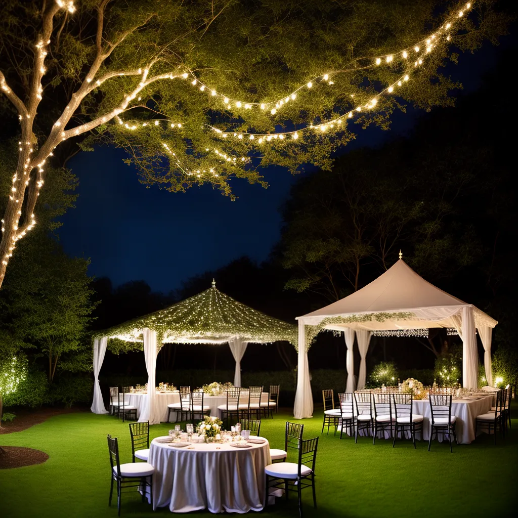 Mesa de jantar de casamento montada em jardim com cordões de luz