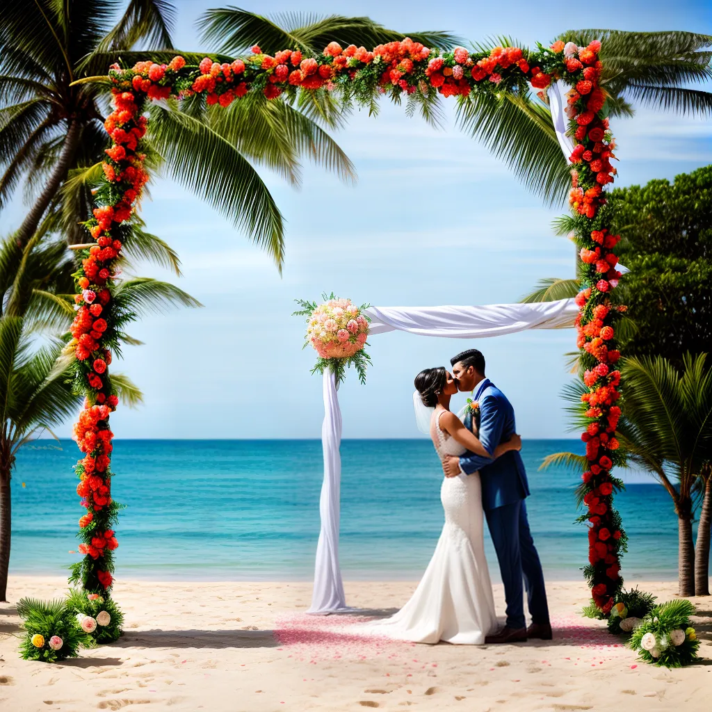 casamento praia arco flores tropicais