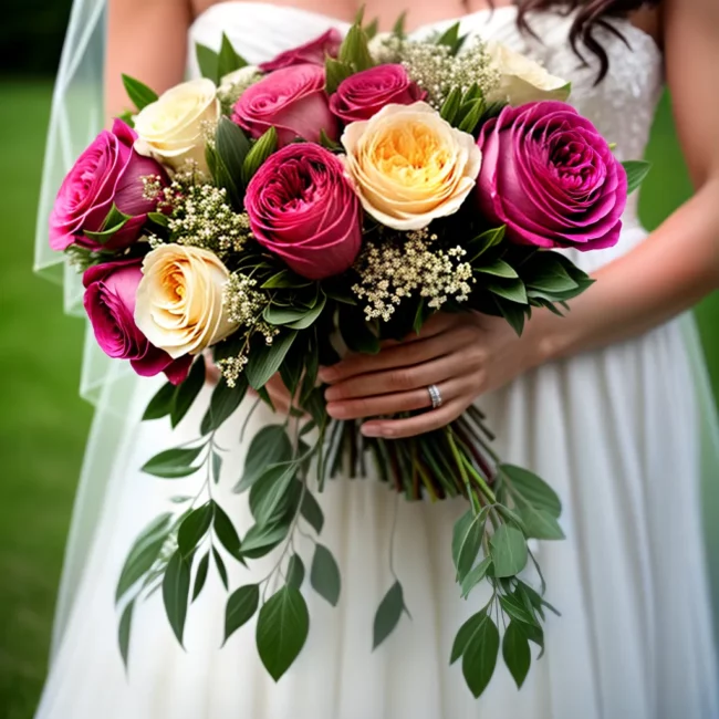 noiva buque cascata rosas peonias