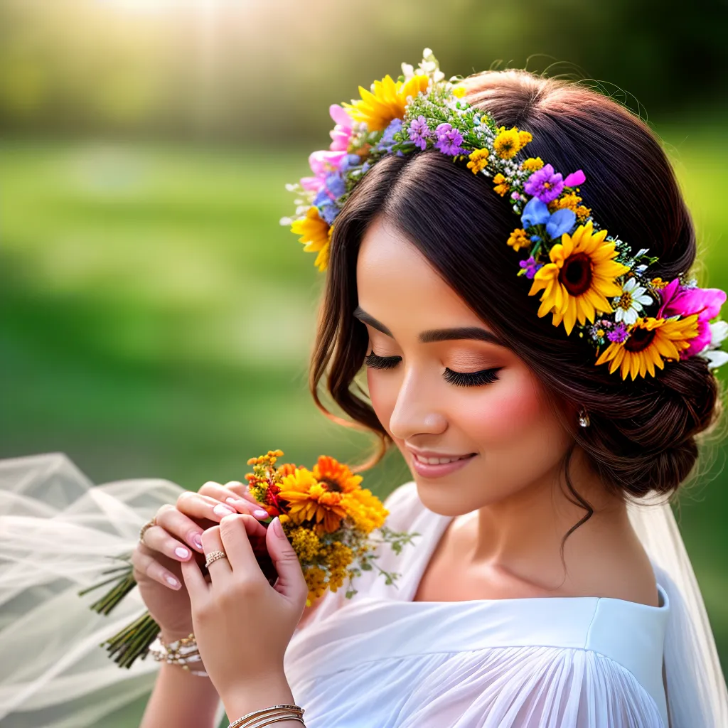 noiva maos coroa flores sol