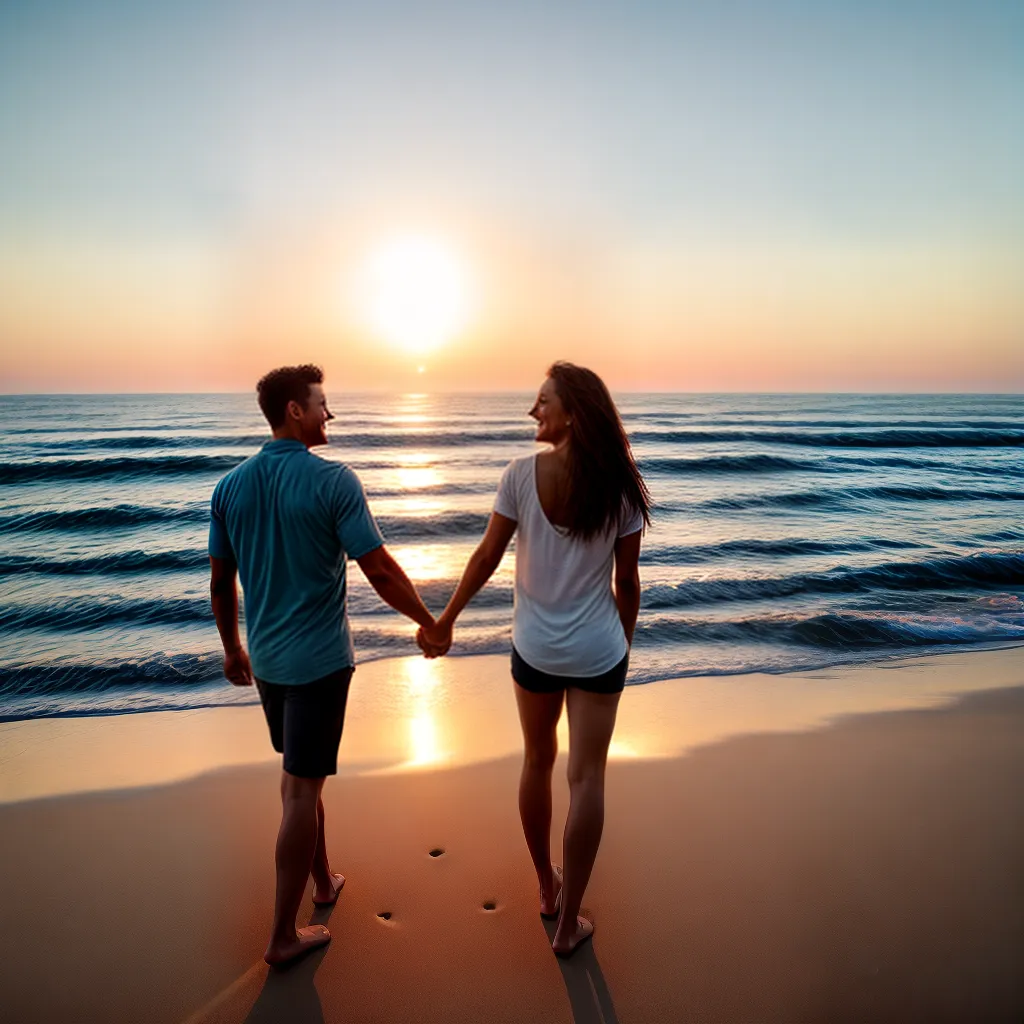casal andando maos praia por do sol