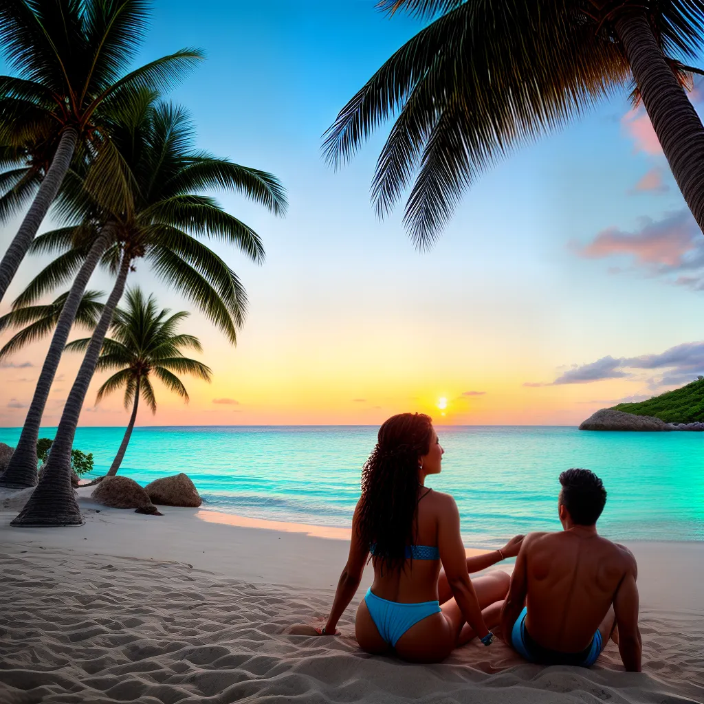 casal praia tropical palmeiras aguas cristalinas