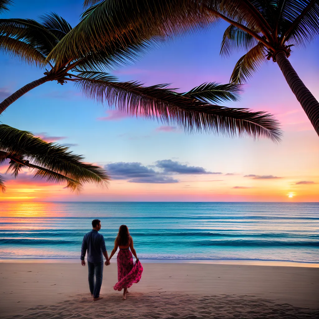 casal praia tropical por do sol