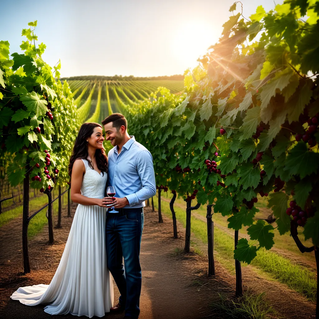 Casal brindando em uma vinícola ao pôr do sol