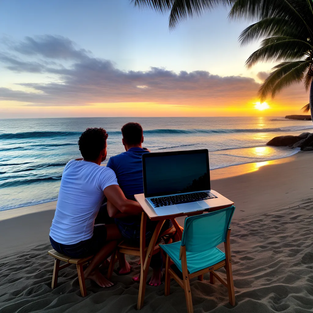 casal praia por do sol laptop trabalho