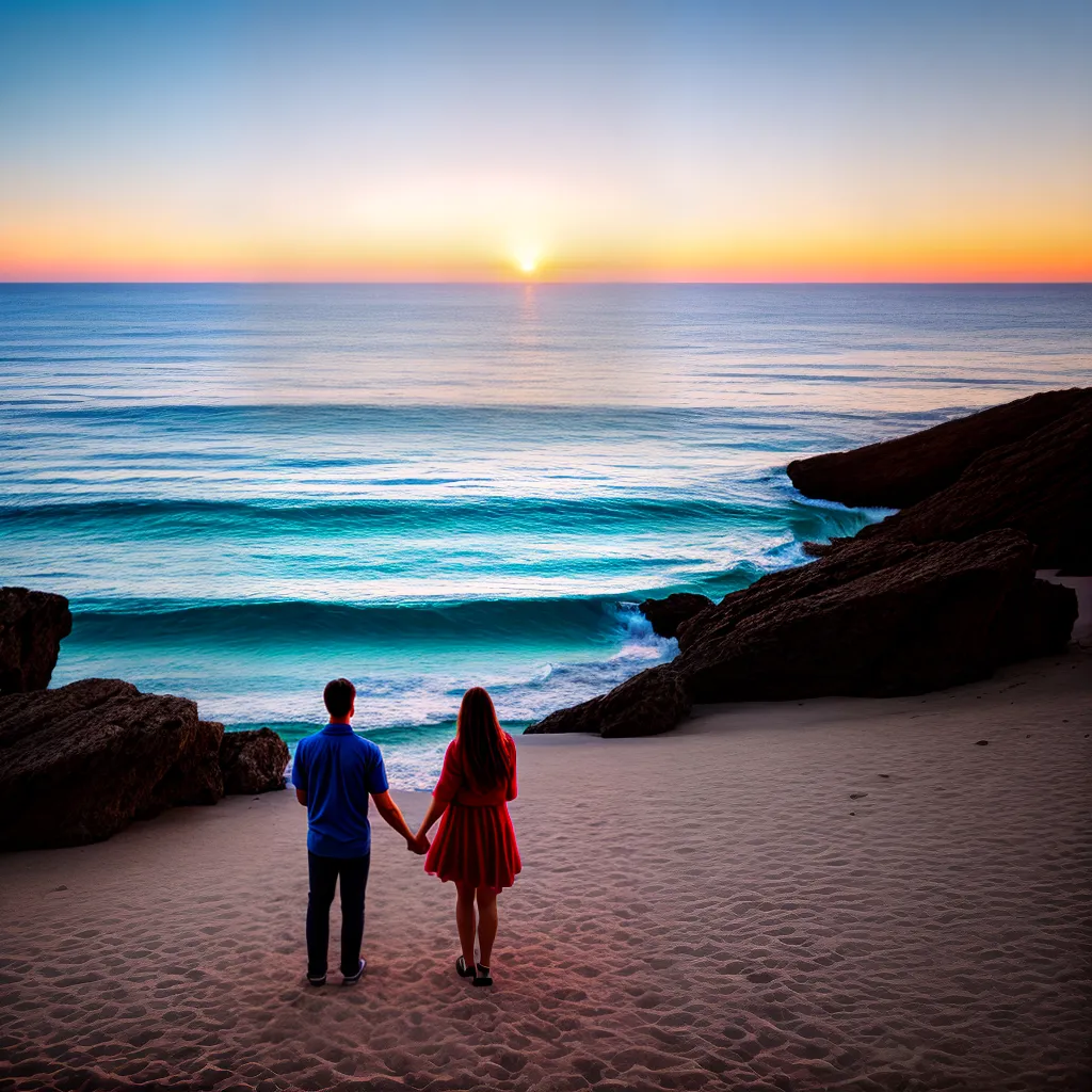 casal praia por do sol maos candlelight