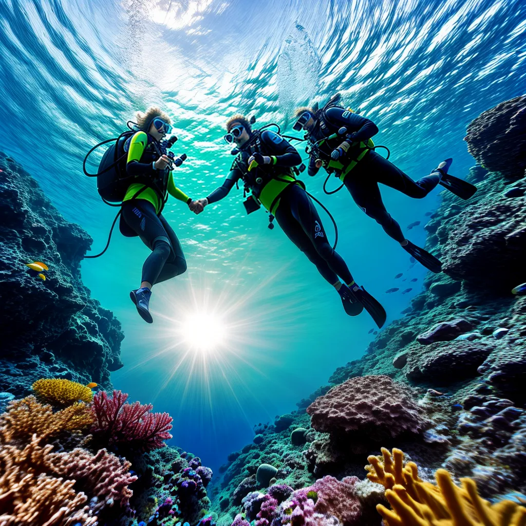 casal mergulho mao agua coral