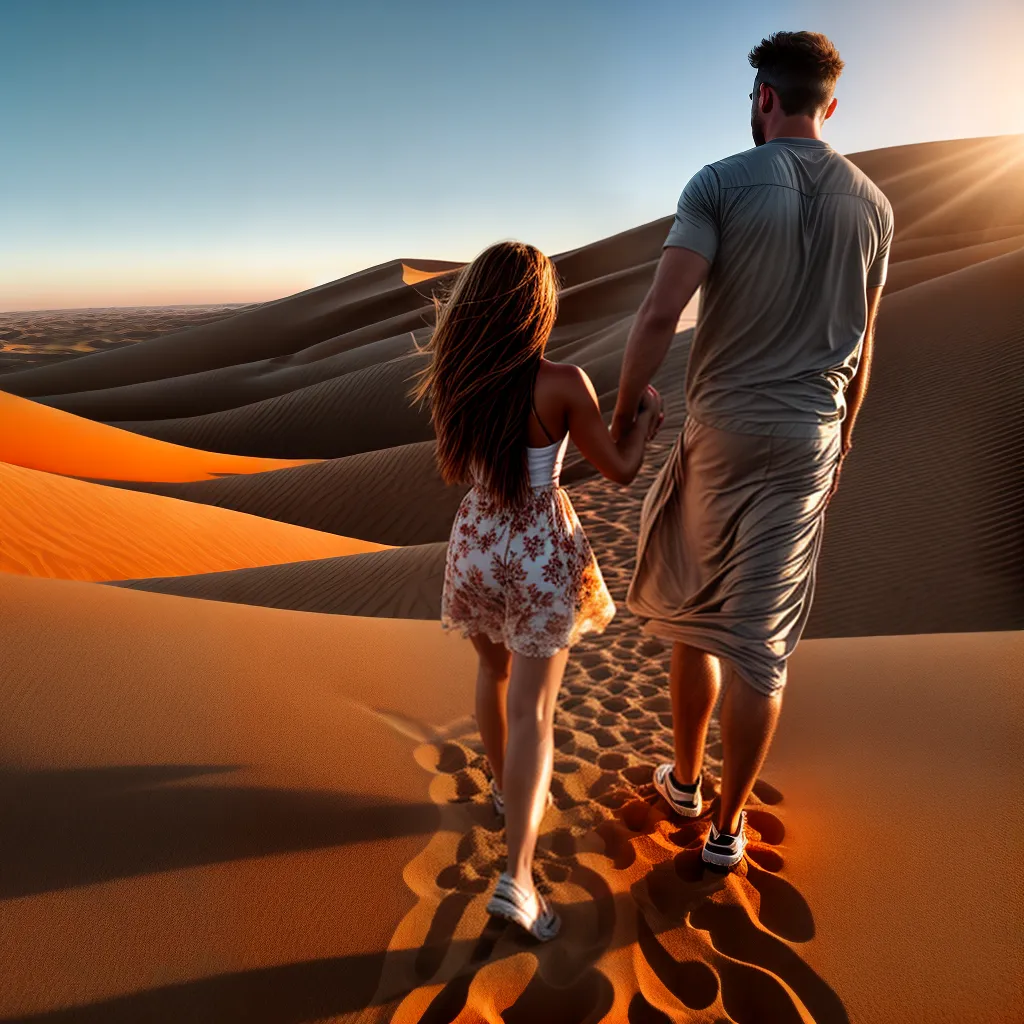 casal deserto por do sol romantico