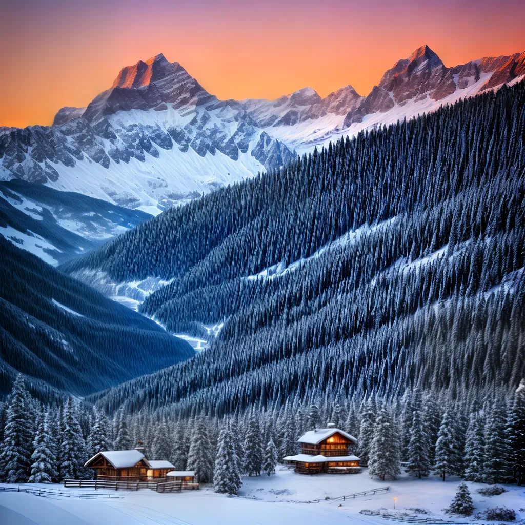 montanhas neve cabana casal por do sol