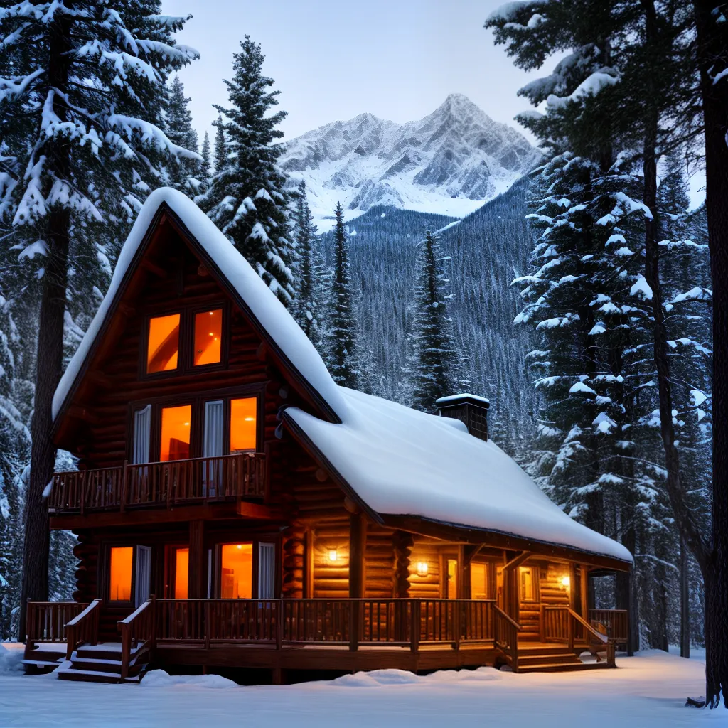 montanhas neve cabana madeira luzes romantico