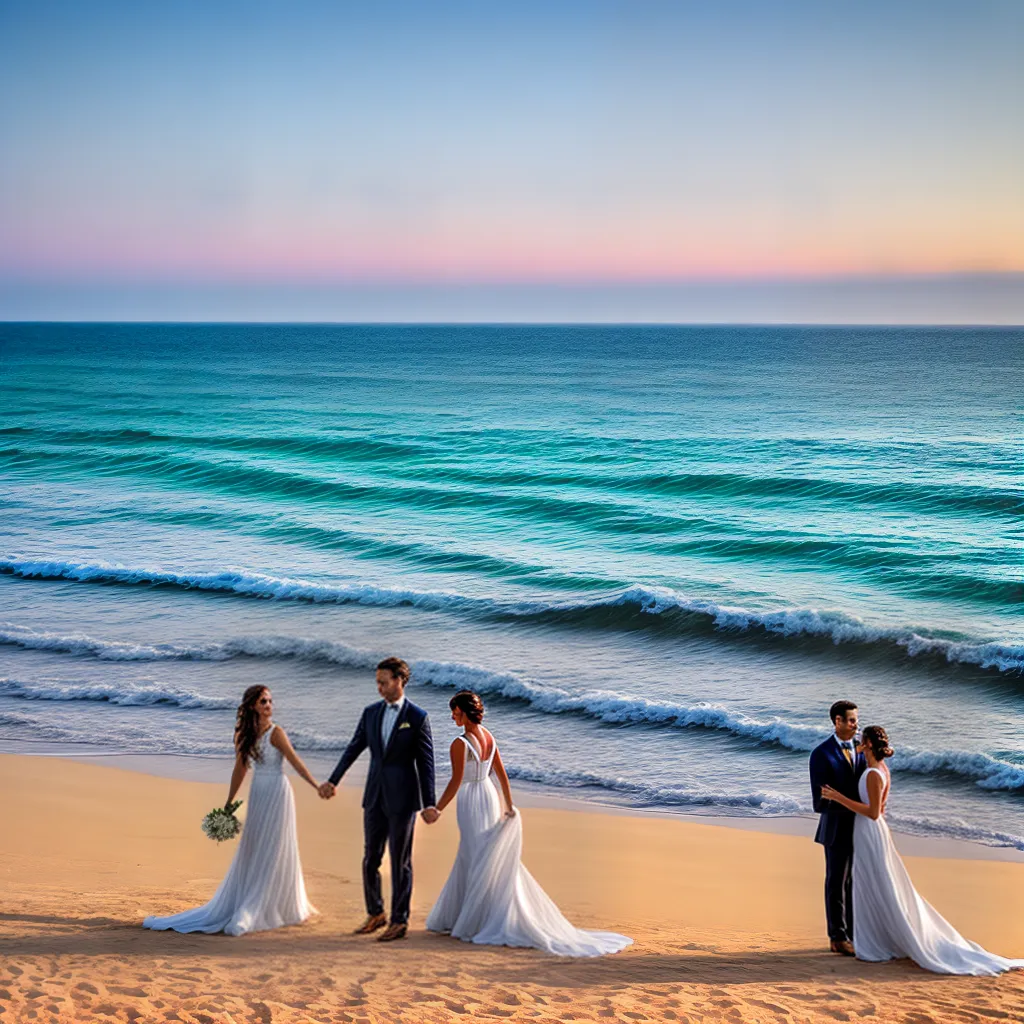 casal praia vestidos noivos por do sol