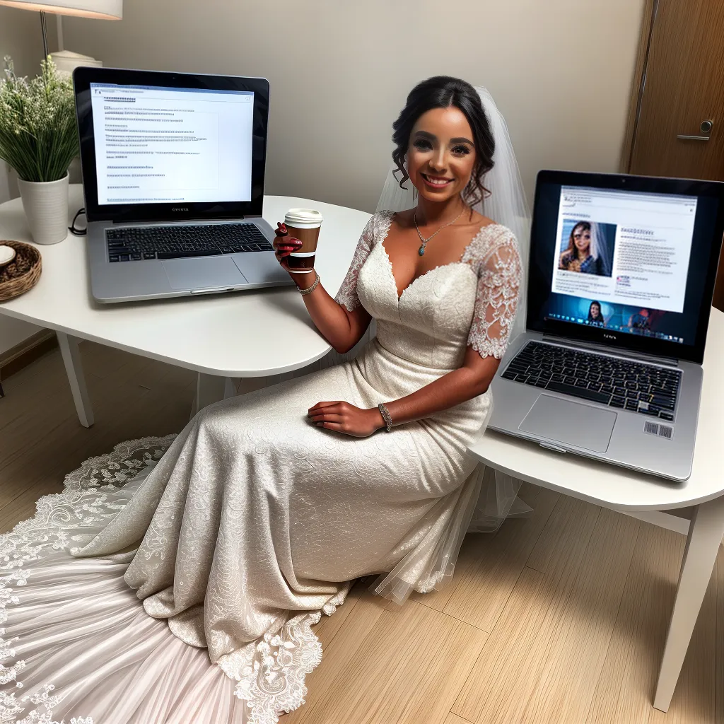 noiva sorriso laptop vestido cafe