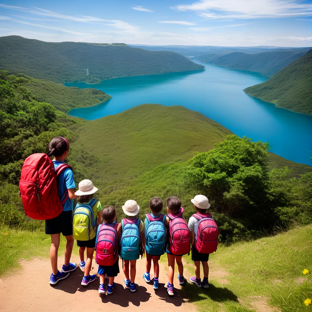 criancas alegres mochilas coloridas lago montanhas criancas alegres mochilas coloridas lago montanhas