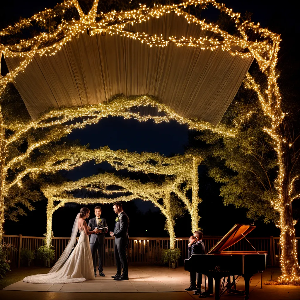 Cerimônia de casamento com piano e luzes ao fundo