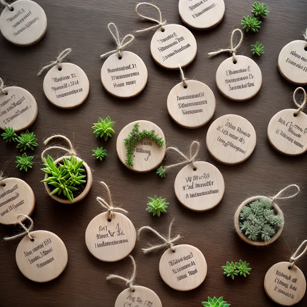 suculentas personalizadas nomes data casamento Tags de madeira com nomes e data do casamento ao lado de mini suculentas
