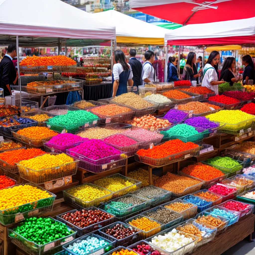 Mesa de expositor com lembrancinhas artesanais de casamento em uma feira