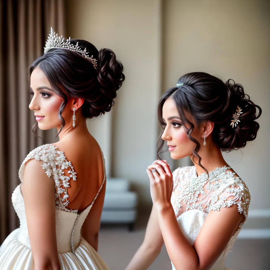 noiva vestido tiara penteado romantico Noiva de perfil com penteado preso romântico e tiara delicada